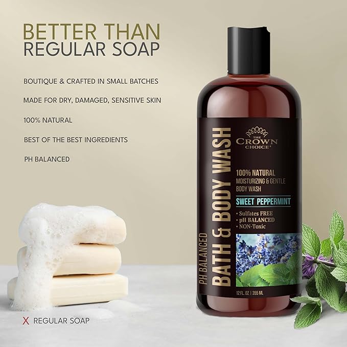 Natural Body Wash for Women, Men & Kids - Peppermint & Lavender - 12oz pH 5.5-Best pH Balance-Liquid Soap for All Skin Types-Moisturizing Sulfate & Chemical Free Shower / Bath Liquid Gel (2 Packs)