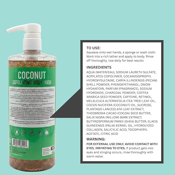 SpaScriptions Exfoliating Coconut Body Wash - 32 oz Scented Moisturizing Body Wash Scrub For Men and Women with African Black Soap for Smooth Skin and Brown Sugar for Gentle Exfoliation, Paraben Free
