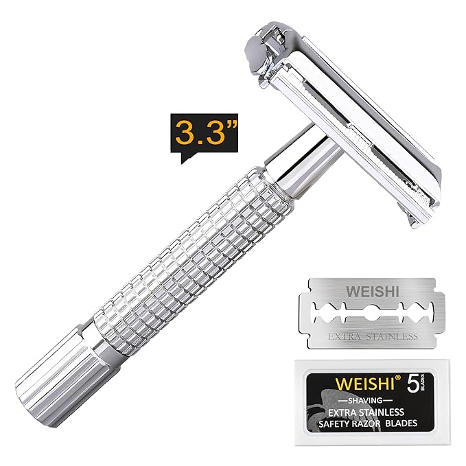 WEISHI Butterfly Open Double Edge Safety Razor for Men, Chrome Short Handle with 5 Stainless Razor Blades Included, Reusable Wet Shave Tool for Smooth, Close Shave