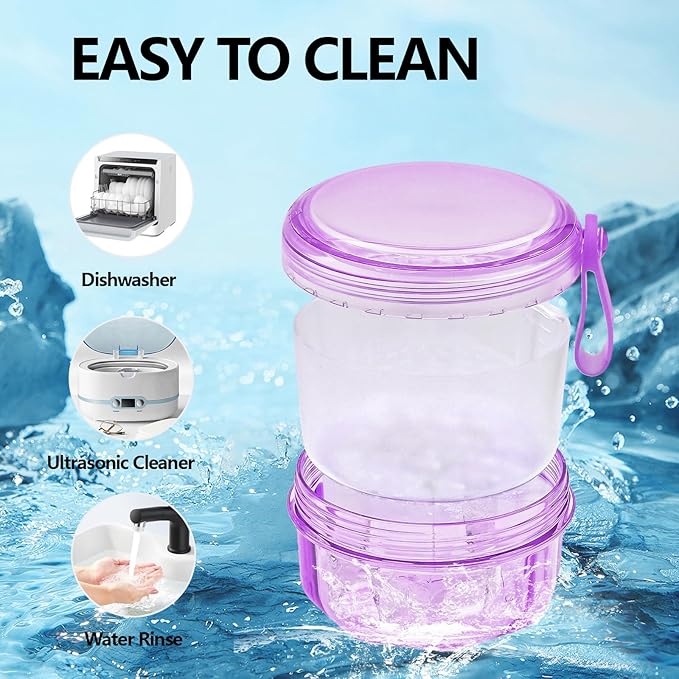 Leakproof Denture Case Purple Denture Soaking Cup with Strainer Basket, False Teeth Container Dental Denture Bath Holder Storage Box Retainer Cleaner Case for Traveling
