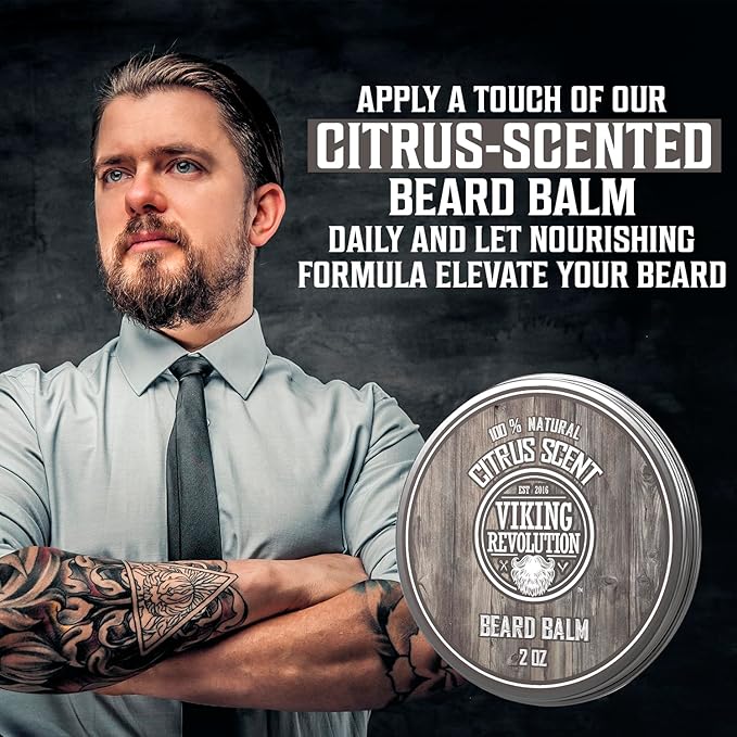 Viking Revolution BEST DEAL Beard Balm with Argan Oil & Mango Butter - Styles, Strengthens & Softens Beards & Mustaches - Citrus Scent Leave in Conditioner Wax for Men