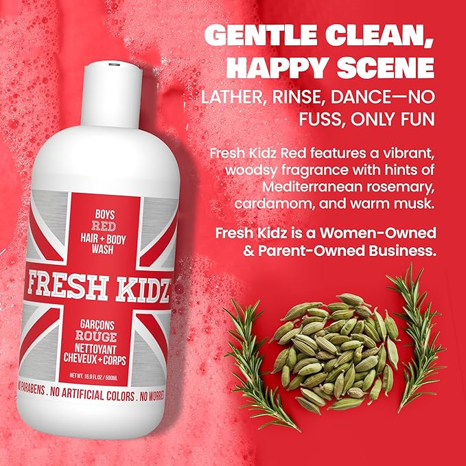 Fresh Kidz Hair & Body Wash for Kids and Teens - Gentle Bath and Shower Cleanser for All Skin Types - Boys Red, 16.9 fl.oz.