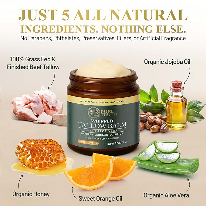 Whipped Tallow and Honey Balm (Citrus), Beef Tallow for Skin Care, Grass Fed + Finished Tallow Moisturizer Cream for Face & Body w/Organic Honey, Aloe Vera, Jojoba Oil - Men Women 3.25oz
