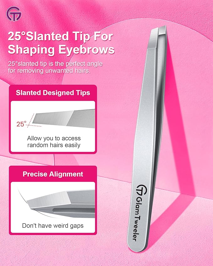 Expert Slant Tip Tweezers with Leather Case, GlamTweeler Sharp & Precision Stainless Steel Tweezer for Eyebrows, Facial Hair and Fine Hairs Removal (Silver)