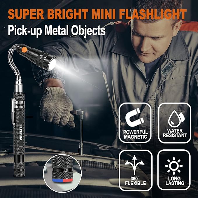 Telescoping Magnetic Pick Up Tool with 1lb& 15lb Pickup Rod, Round& Square 360 Swivel Adjustable Inspection Mirror, Flexible LED Flashlight, Cool Gadget Valentines Day Gifts for Him, Men, Teen Boys