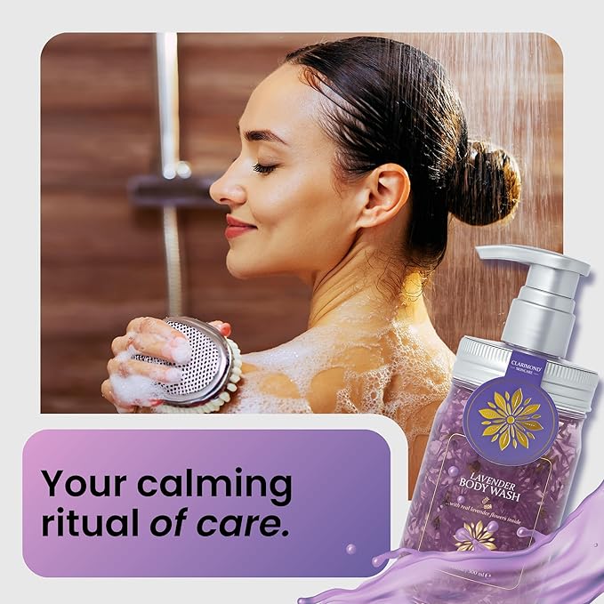 Lavender Body Wash – Sulfate Free Hydrating Shower Gel with Aloe Vera & Real Lavender Petals, Moisturizing Body Wash for Sensitive & Dry Skin, Calming Aromatherapy Cleanser, 10.14 fl oz Pump
