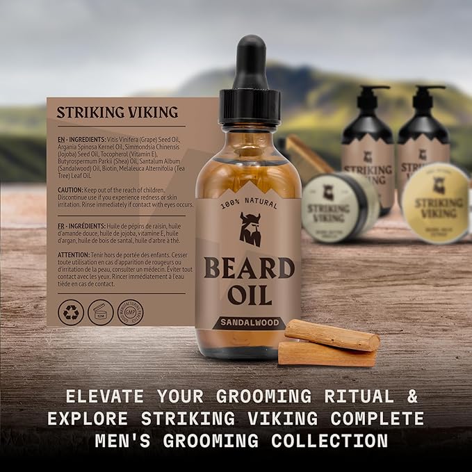 Striking Viking Natural Sandalwood Beard Oil for Men - 2 Fl Oz - Hydrating & Softening Beard Care - Non-Greasy Fast Absorbing with Tea Tree Oil - Nourishing Jojoba & Argan Extracts