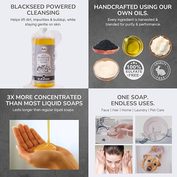 Black Seed Liquid Castile Soap; Concentrated and All-Purpose; Use for All Natural Body Wash, Face Cleanser, Hair Shampoo, Hands, Dishes, Laundry, Floors, and Pets; 32 Ounce (1 Pack)