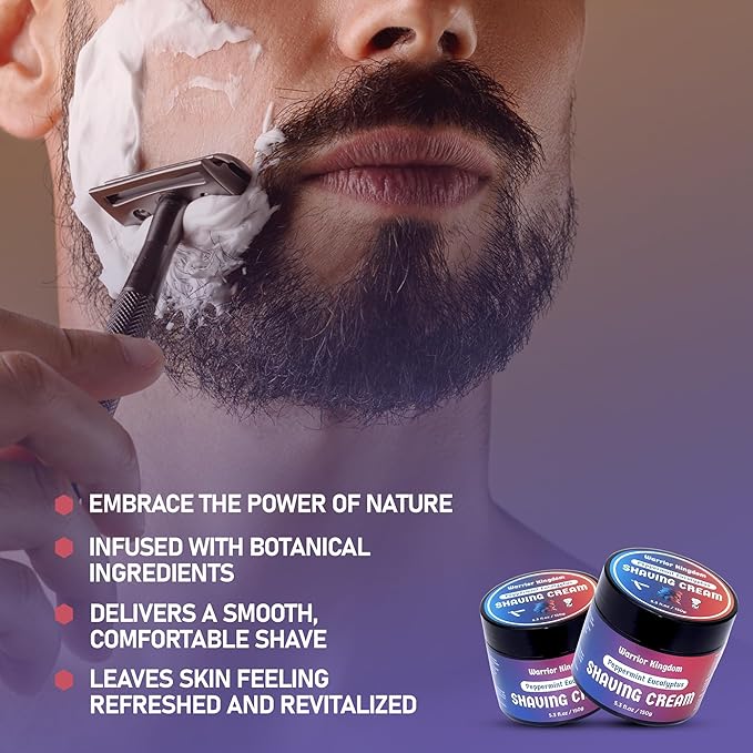 Warrior Kingdom Shaving Cream - Peppermint Eucalyptus. Refreshing Scent. Rich Creamy Lather for the Smoothest Shave. For face, head and body. Gentle, non irritating formula for all skin types.