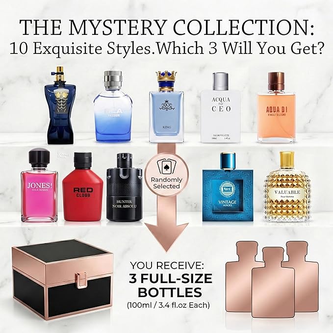 Hybrid & Company Men's Cologne Mystery Box 3Pcs, Surprise Blind Box Random Scent, Extended Wear Fragrance Eau de Parfum Cologne Gift Set for Men, 3.4 Fl Oz Each