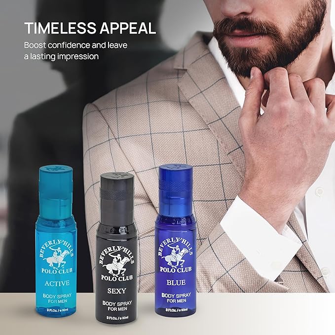 Beverly Hills Polo Club Men's Luxury Body Spray Gift Set - 3 x 3 oz Distinct Designer Fragrances for All-Day Freshness, Gym, Travel & Everyday Confidence (Silver Collection)