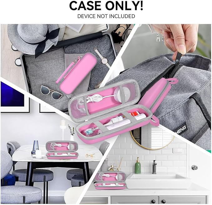 Travel Case for Oral-B/Oral-B Pro/Phlips Sonicare Electric Toothbrush with 2pcs Toothbrush Heads Cover Cap, Portable Hard Protective Storage Bag with Accessories Storage (Pink)