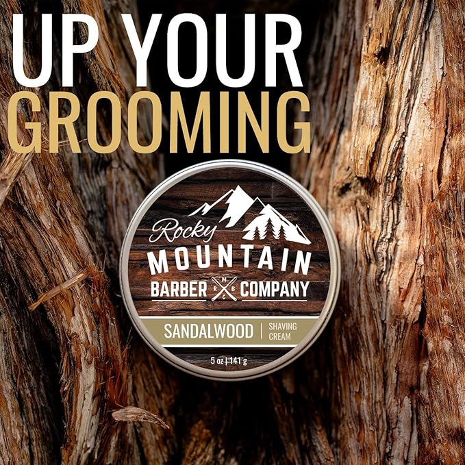 Shaving Cream for Men with Sandalwood Essential Oil - Thick Lather for Traditional and Cartridge Shaving - by Rocky Mountain Barber Company – 5oz Tin