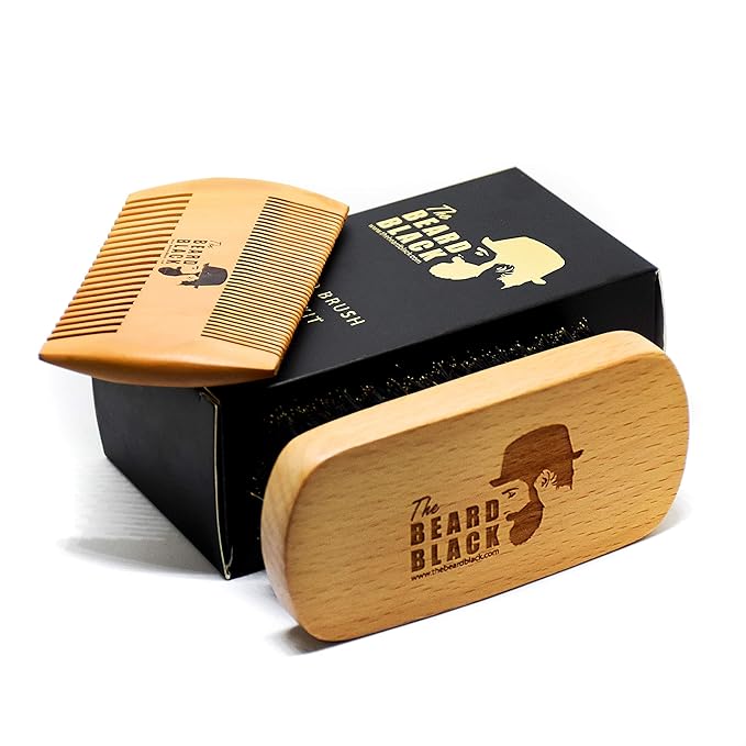 Beard Brush & Comb Set for Men - Natural Boar Bristle Brush, Dual Action Pear Wood Comb, Gift Box & Travel Pouch. Enhances Growth & Styling with Balm Oil Distribution by The Beard Black (Black)