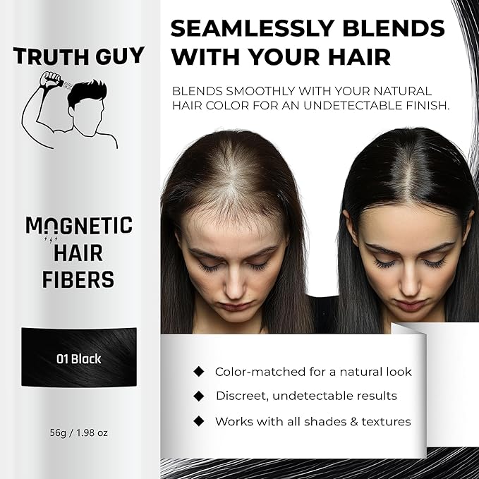 Truth Guy Magnetic Hair Building Fibers for Thinning Hair - Adds Volume & Thickness with Static Electricity Technology - Easy Application for Men & Women, Quick Results, Mess-Free. 2 oz. Medium Brown
