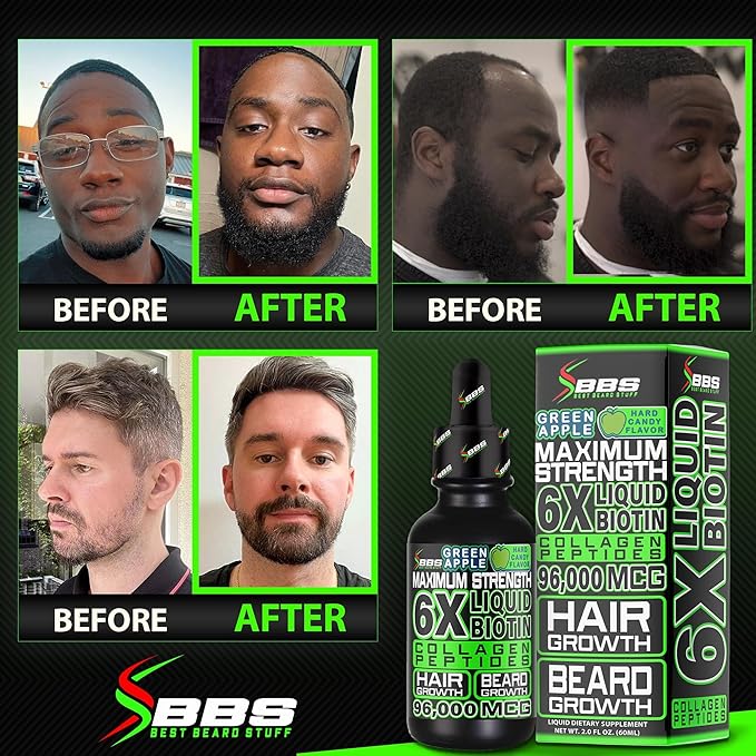 Liquid Biotin Collagen Peptides for Beard Growth and Thickening - Men's Beard and Hair Growth Supplement - Biotin Liquid Drops 96,000mcg 6X More Absorption