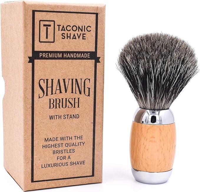 Taconic Shave 100% Mixed Badger Shaving Brush – Extra-Dense 22 mm Knot for Rich Lather, Beechwood & Chrome Ergonomic Handle + Lucite Stand Included