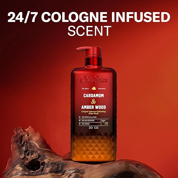 Old Spice Body Wash for Men, The Spice Alchemist Collection, 24/7 Cologne Infused Hydration, No Trade Off Formula, Free of Phthalates Silicones & Dyes, Cardamom + Amber Wood Scent, 20 oz