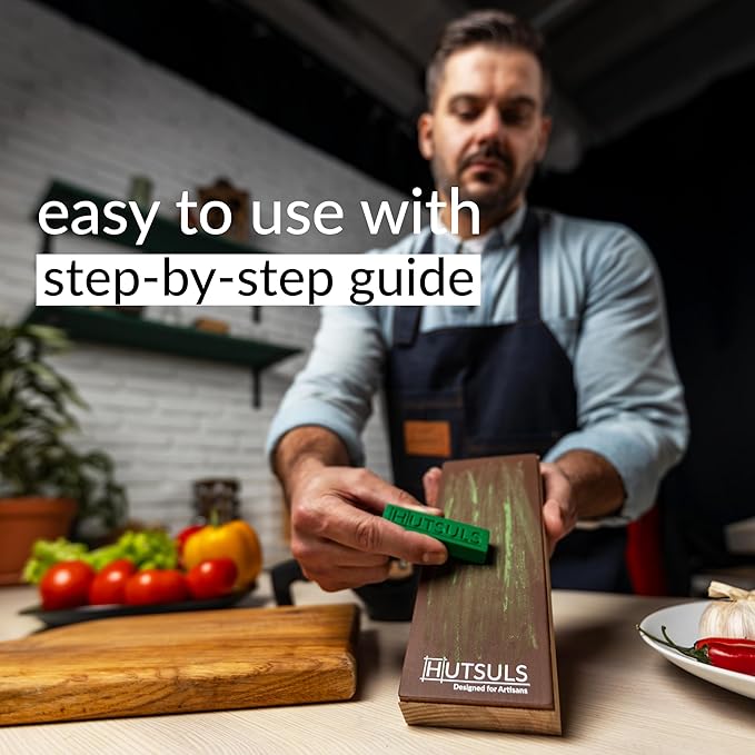 Hutsuls Leather Strop for Knife Sharpening - 3x9 Inch Wood Base Strop Block with Green Stropping Compound, Stropping Kit, Genuine Leather Knife Strop for Knives, Chisels and Straight Razors