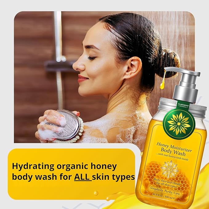 Organic Honey Body Wash – Honey Shower Gel w/Royal Jelly, Propolis & Real Honeycomb – Body Wash for Dry & Sensitive Skin – 16.9 fl oz / 500 ml Pump Bottle, Paraben & Sulfate Free