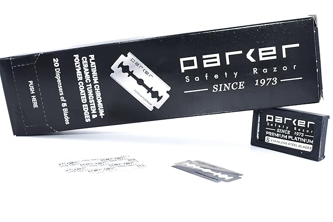 Parker 100‑Count Double Edge Safety Razor Blades – Premium Platinum‑Tungsten‑Chromium Coated Stainless Steel for Smooth, Long‑Lasting Shaves – Fits All DE Razors