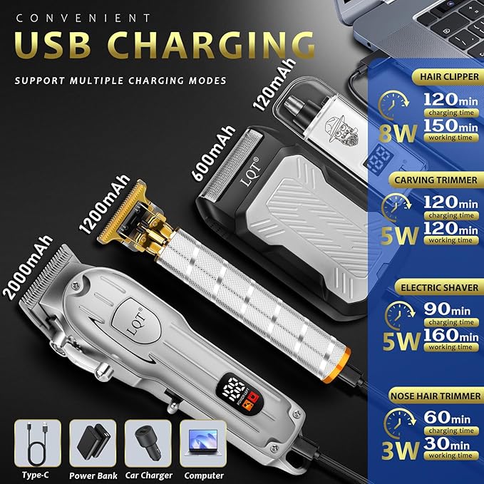 Hair Clippers for Men with LED Display, 4-Piece Cordless Grooming Kit with Hair Clipper, Beard Trimmer, Foil Shaver & Nose Trimmer, Complete Set for Home Barber