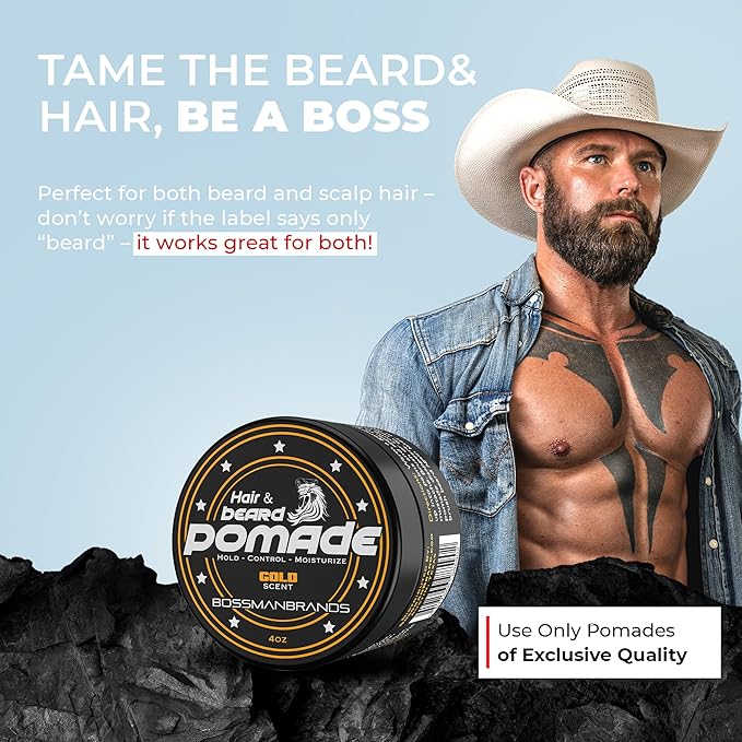 Bossman Hair & Beard Pomade for Men (Gold Scent) – Medium Hold & Moisturizing for Hair, Beard & Mustache Styling – Made in USA