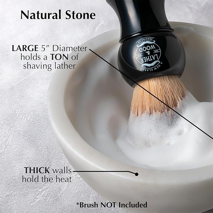 Lather & Wood Marble Shaving Cream Bowl - Premium Stone Holds Heat with Lather Ridges - White