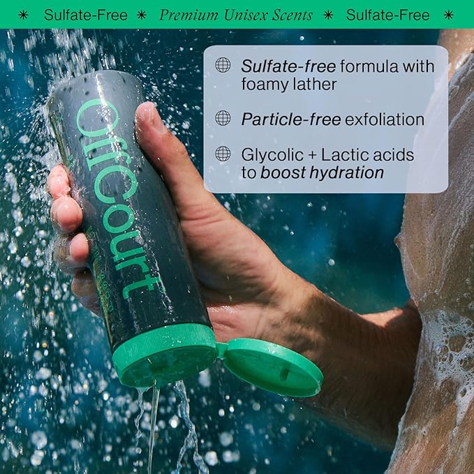 OffCourt Sulfate-Free Body Wash for Men & Women - Non-Drying Exfoliator with Glycolic & Lactic Acids Leaves Skin Fresh & Smooth with Coconut Water and Sandalwood Scent, 14 Fl. Oz (Pack of 1)