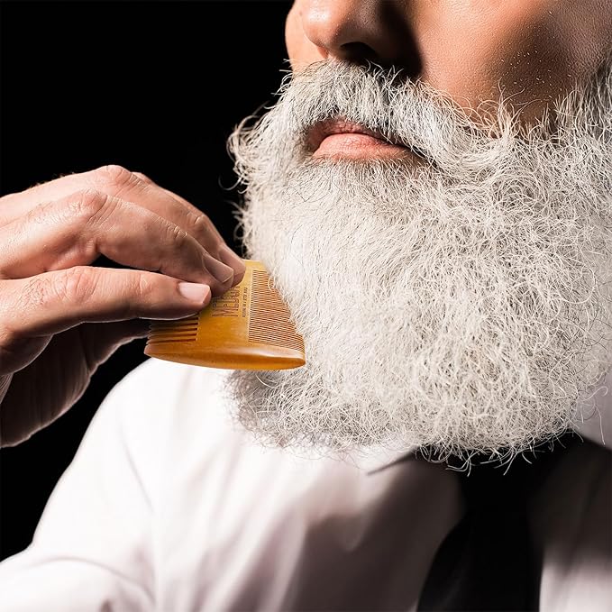 Wooden Beard Comb for Men - Pack of 2, Handcrafted Solid Beechwood Beard Combs, Mustache and Head Hair Pocket Comb with Leather Case - Dual Action Fine & Coarse Teeth