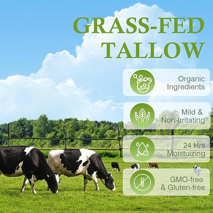 Beef Tallow, Tallow Face Moisturizer, Beef Tallow for Skin, Unscented 100% Organic Beef Tallow Blam Grass Fed Finished Whipped Tallow Face Cream Moisturizer Body Lotion Skin Care for Sensitive Skin