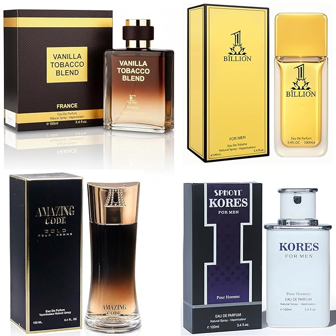 META-BOSEM Mens Cologne Set, Eau de Parfum, 4 Pack (3.4 oz / 100 mL Each), 1 BILLION FOR MEN, Vanilla Tobacco Blend, Kores, Amazing Code Gold, Urban Evening Edit, for workdays to weekends
