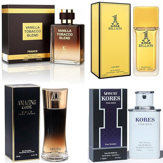 META-BOSEM Mens Cologne Set, Eau de Parfum, 4 Pack (3.4 oz / 100 mL Each), 1 BILLION FOR MEN, Vanilla Tobacco Blend, Kores, Amazing Code Gold, Urban Evening Edit, for workdays to weekends