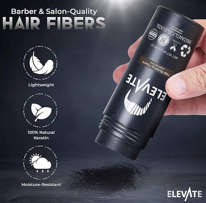 ELEVATE Hair Fibers to Instantly Thicken & Completely Conceal Thinning Balding Areas Loss in 30 Seconds for Men & Women (DARK BROWN) 28g Size - 100% Natural & Undetectable Keratin Fibers