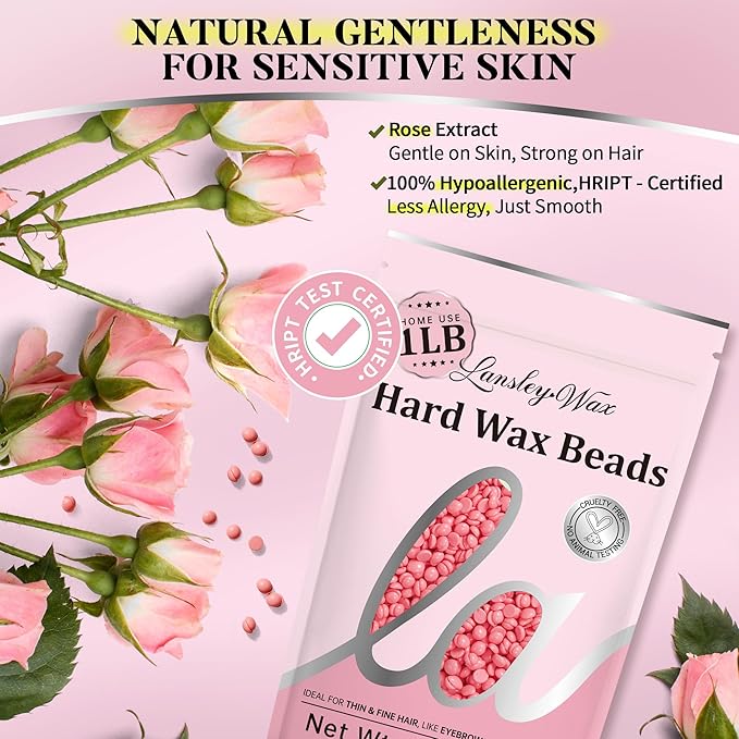 LANSLEYWAX Pink Hard Wax Beads, 1LB Wax Beans for Sensitive Skin & Full-Body Hair Removal, Brazilian/Bikini/Face/Legs/Eyebrow/Armpit/Chest Waxing Refill at Home for Women & Men, Stripless Formula