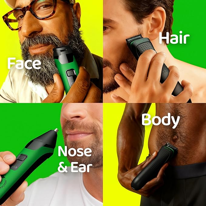 Electric Beard Trimmer for Men,Nose Hair Trimmer & Electric Razor 10-in-1 Grooming Kit Cordless Shaver Gift-Ready for Men(Green)
