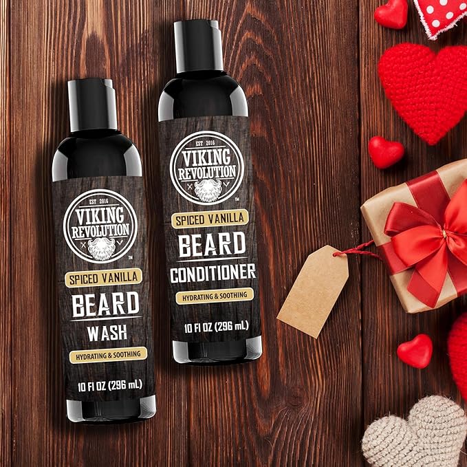 Viking Revolution Beard Wash and Beard Conditioner for Men with Argan Oil and Jojoba Oil - Beard Softener and Strengthener Beard Care Beard Shampoo and Conditioner with Beard Oil (10oz,Spiced Vanilla)