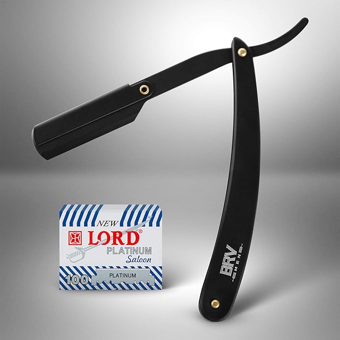 BRV MEN Professional Straight Edge Barber Razor w/ 100 Single Edge Razor Blades | Straight Razors for Men | Barbershop Accessories | Mens Shaving Knife & Shavette - Black
