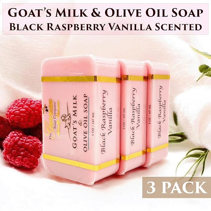 The Grecian Soap Company Goat Milk & Olive Oil Soap Bar 3-Pack – Black Raspberry Vanilla Scent, Natural Bar Soap, Moisturizing & Nourishing Body Soap Bars, Made in USA