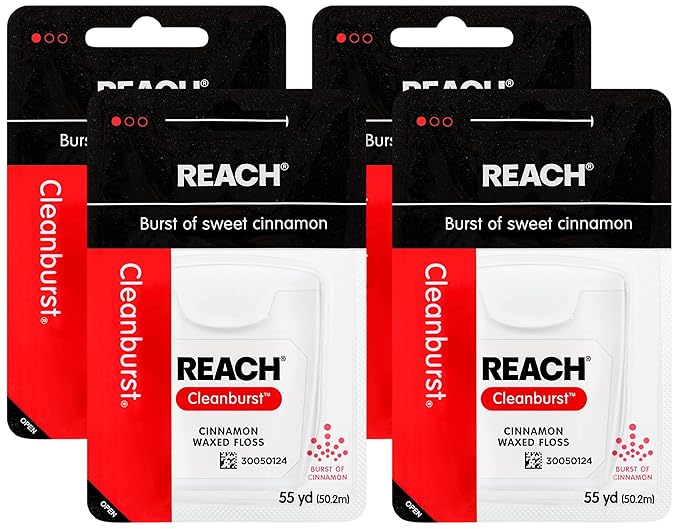 Reach Waxed Dental Floss, Cinnamon Flavored, 4 Pack | 55 Yards | Extra Wide | Shred Resistant | PFAS Free