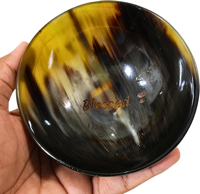 Engraved (Blessed) Horn Bowl - Modern, Contemporary - 5' Round X 2' deep - Shaving Soap, Serving, Decorative - Yellow, Handcrafted from a Single Piece of Horn for Everyone