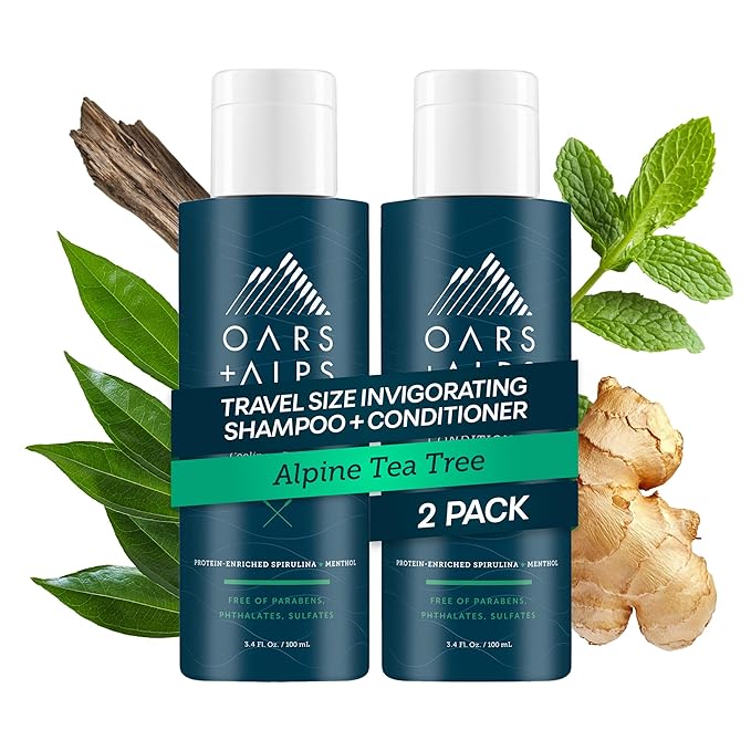 Oars + Alps Men's Sulfate Free Hair Shampoo and Conditioner Set, Infused with Witch Hazel and Tea Tree Oil, Alpine Tea Tree, Travel Size 3.4oz Each
