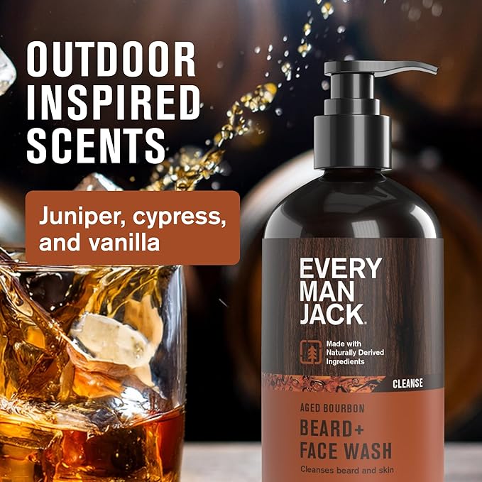 Every Man Jack Beard Essentials Gift Set for Men – Complete Routine with 5 Full-Size Essentials – Aged Bourbon Scent - Beard & Face Wash, Lotion, Oil, Butter & Comb