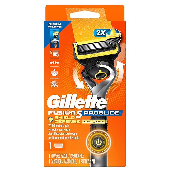 Gillette Fusion5 ProGlide Shield Shaving Razor for Men, 1 Power Razor Handle, 1 Refill, 2x Lubrication, Battery-Powered with FlexBall Handle and Precision Trimmer for Men