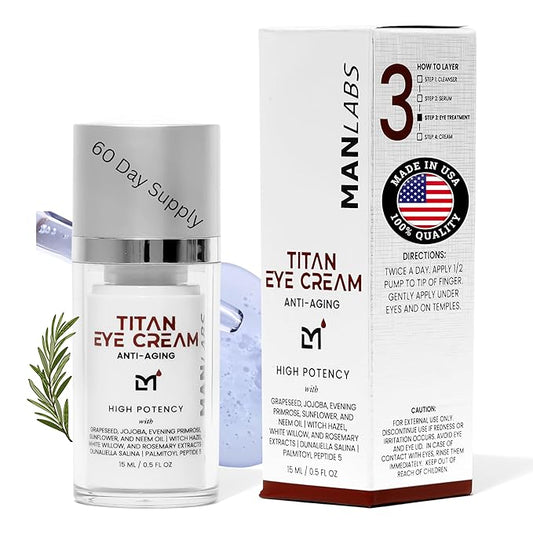 Titan Anti-Aging Mens Eye Cream – Mens Dark Circles Under Eyes Treatment – Eye Bags Treatment for Men – Puffy Eyes Treatments for Men – Peptides, HA, Herbal Extracts –All Skin Types–Unscented