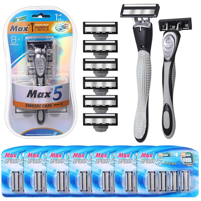37 Pcs Refillable 5 Blade Disposable Razors for Men Sensitive Skin Razor Men's Disposable Refillable Razors Set Shaving Kit, 1 Razor Handle and 36 Cartridges