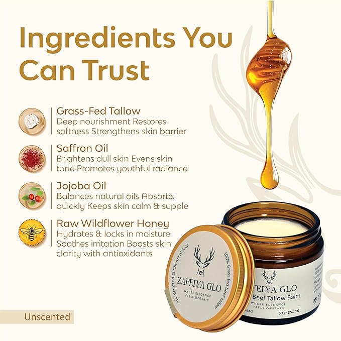 Grass-Fed Beef Tallow Balm with Raw Honey - US Handmade Tallow Moisturizing Balm for All Type of Skin & Body - Organic Beef Tallow moisturizer (2.1 oz Unscented)