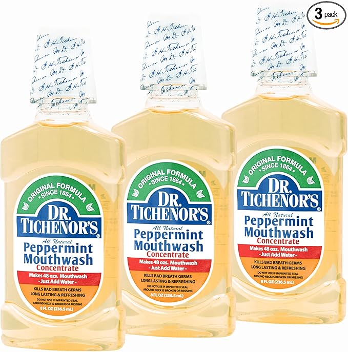 Dr. Tichenor's Peppermint Mouthwash Concentrate - Oral Rinse for Bad Breath and Oral Health With a Minty Punch for Soothing Relief of Minor Sore Throat Irritation - 8 Ounce (Pack of 3)