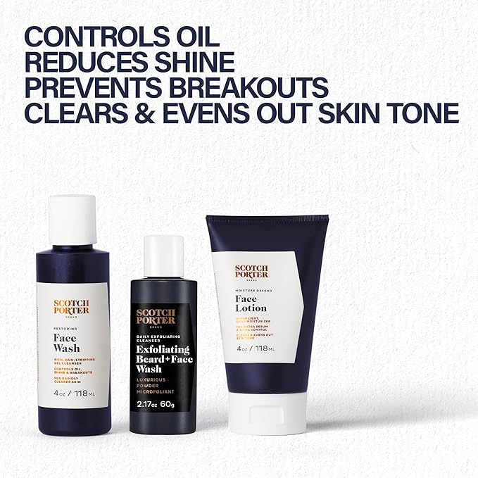 Scotch Porter Men’s Face Care Collection – Exfoliate, Cleanse & Restore, & Moisturize & Defend Skin – Includes Wash, Exfoliating Wash & Lotion