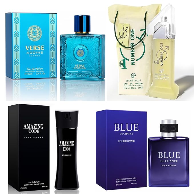 META-BOSEM Mens Cologne Set, EDP, 4 Pack (3.4 oz / 100 mL), Number One, Amazing Code, BLUE DE CHANCE, VerBlue, Lucky Amber Nights, for commute, summer days and travel